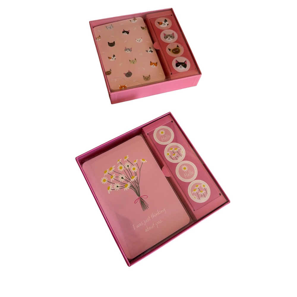 OCS Designs Note Card Set Pink Feline Good Daisies 2pk Stationery Boxed Stickers